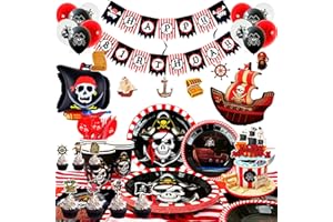 Pirate Décoration Anniversaire,165pcs Décoration Anniversaire Pirate & Vaisselle Thème Pirate - Pirate Ballon Bannière Assiettes Serviettes Nappe ect Décoration Anniversaire Pirate Adulte&Enfants