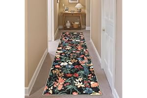 HUGEAR Hallway Runner Black Washable Flower Area Rug 60x240cm Non Slip Boho Natural Modern Floral Long Carpets Runners Kitchen Dining Room Bedroom Bedside Office Low Pile Carpet