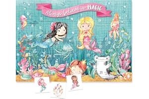 Papierdrachen Calendario dell'Avvento con tatuaggi per bambini da incollare, tatuaggi con sirena e altri disegni adatti ai bambini, calendario di Natale per bambini, vegano, set da sirena