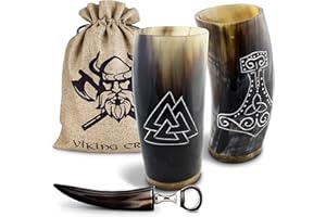 VIKING CRAFT Lot de 2 gobelets viking en corne à boire - Environ 350 ml + décapsuleur - Idéal pour le Met viking, comme décoration viking, cadeau viking pour hommes et femmes, article de fan de Viking