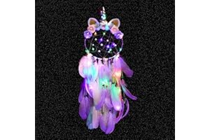 SoulQool Unicorn Dream Catcher with Lights,Colorful Feather Handmade Dream Catchers Flowers for Bedroom Wall Hanging Decor (Purple with colorful lights)