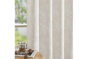 Fmfunctex Beige Floral Jacquard Blackout Curtains for Living Room 90 inch Scroll Flower Curtains for Bedroom Thermal Insulated Chenille Eyelet Curtain Room Darkening Window Curtain Drapes 2 Panels