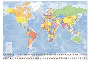 GeoMetro - Mapa del mundo grande (EN ESPAÑOL), póster político con laminación, con banderas, nueva edición, las banderas del mundo - 140 x 100 cm