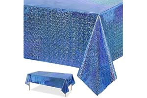 GRESATEK Iridescent Party Tablecloth,Blue Laser Table Cover Plastic Holographic Foil Table Cloth Blue for Outdoor Picnic Birthday Baby Shower Wedding Party Decorations 137 x 274cm