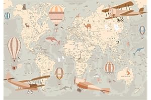 WallArena Carta Da Parati Fotografica Bambini Mappa del mondo - Include Colla - Design Carta per Pareti Camera Ragazzo Ragazza Fotomurali In Tessuto Non Tessuto TNT (416x254 cm - 4 Strisce)