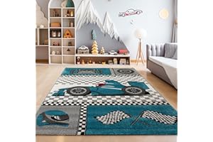 ‎SIMPEX SIMPEX Teppich Kinderzimmer Rennwagen Design Blau Kurzflor Kinderteppich mädchen Spielteppich Modern Design Babyzimmer Teppiche für Junge und Mädchen Extra Weich 160 x 230 cm