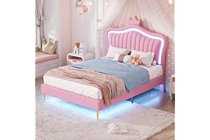 ZYLOYAL10 tapicerowane łóżko dziecięce, rama łóżka dla dziewczynek, biała korona, podwójna rama łóżka ze skóry PU z lampami L-E-D, stelażem listewkowym i oparciem (materac nie wchodzi w zakres dostawy