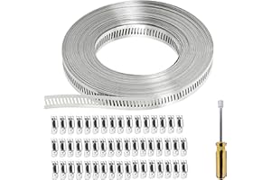 GEKUFA 20M Abrazaderas de manguera sin fin 304 de acero inoxidable ajustable abrazaderas de manguera correas clips de manguera con tornillo abrazadera 50 piezas para tubería de agua/tanque/tubo de