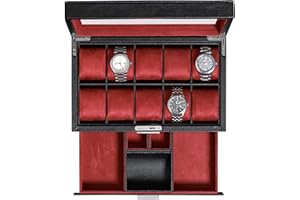 ROTHWELL Scatola porta orologi in pelle a 10 scomparti con cassetto, organizer per orologi di lusso, fodera in micro pelle scamosciata ultra morbida - Scatola Dell'orologio - Scatola Dell'orologio