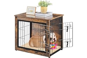 Yaheetech Hundekäfig Holz, Hundebox im Möbelstil, Haustierkäfig mit 2 Türen & Kissen, Moderne Hundehütte für kleine/mittelgrosse Hunde bis zu 61 kg, 69x51x61 cm, Braun