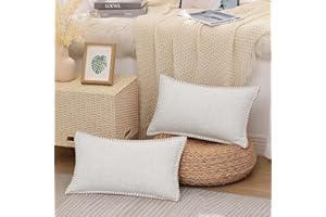 decorUhome Set of 2 Linen Cushion Covers 30X50cm,Decorative Outdoor Plain Vintage Cushion Covers with Stitched Edges, Rectangle Farmhouse Neutral Pillow case 12x20 Inch for Sofa, Beige