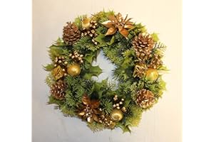 GARTHWAITE NURSERIES® : - UK Stockist ; - Approx 11" Christmas Wreath Decoration/Door Artificial Xmas Gold/Poinsettias/Holly Cone