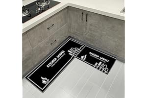 LLTTEER Kitchen Mats Rugs Sets Washable Non-Slip Kitchen Floor Mat 2 Pieces, Kitchen Mats Door Mat Hallway Runner Set with Kitchen Utensils Pattern, Indoor Floor Mats (Black, 40 x 60cm+40 x 120 cm)