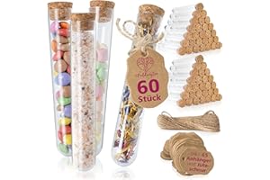 WeddingTree 60x Tubos Ensayo Plastico 20 ml - Tubos de Ensayo Plastico - Probetas para Bodas con Corcho, Cordón de Yute y Etiqueta