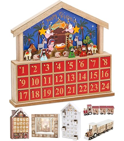 Pioneer Effort Calendario Dell'Avvento In Legno Bianco – 24 Cassetti Con Luci LED, Paesaggio Innevato, 40,6x45,7x7,9 Cm, Riutilizzabile