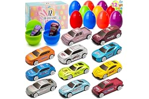 JOYIN 12 Pcs Prefilled Easter Eggs with Die-Cast Car Toys for Kids Boys Easter Egg Hunt, 3.2" (8cm) Plastic Easter Eggs Vehicles Gifts Game Easter Baskets Stuffer Party Bag Fillers Party Favors