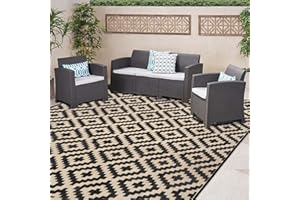 SAND MINE Reversible Mats, Plastic Straw Rug, Modern Area Rug, Large Floor Mat and Rug for Outdoors, RV, Patio, Backyard, Deck, Picnic, Beach, Trailer, Camping, Black & Beige, 8' x 8'