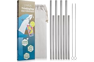 LIVAIA Kit de pailles en acier inoxydable: 8 pailles en métal durable réutilisables avec 2 tailles - Fournies avec brosse de nettoyage et sac en coton - Paille écologique lavable au lave-vaisselle