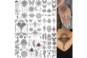 EGMBGM 28 Sheets Tribal Black Temporary Tattoos For Women Girls, Waterproof Fake Tattoos Temporary Elephant Ganesha Lace Tattoo Kits, Lotus Mandala Flower Tatoo Sticker Moon Neck Chest Arm Butterfly