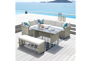 ECASA Vegas corner dining table set in rattan for garden patio conservatory and outdoor use. Garden dining set with bench, table and corner sofa. (Mixed Grey)