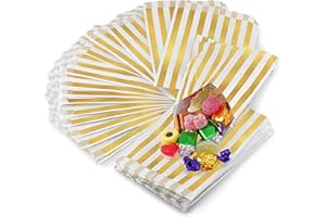 Gold Paper Sweet Bags Premium 5 x 7” | REALUS 100pk Small Empty Sweets Bag | MADE IN BRITAIN | Retro Candy Stripe Sweetie Bags – Perfect for Kids Party, Pic n Mix Shop, Wedding Favours, Popcorn