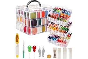 Handi Stitch Stickgarn Set - (187er Pack) - Kreuzstich Set mit 3-Stufiger Transparenter Garn Aufbewahrungsbox - 150 Farbstränge auf Papierspulen - Bunte Wolle zum Basteln & Freundschaftsbänder Knüpfen