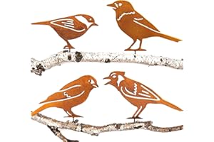 JYUECIAN Vögel Gartenstecker 4er Rost Deko Gartendeko für Draußen, Edelrost Metall Vögel Roststecker Baumstecker - Stieglitz, Meise, Pirol, Eichelhäher