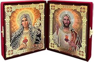 Needzo Sacred Heart of Jesus and Mary Catholic Icon Diptych, Gold Foil Icons in Burgundy Velvet Case, 5 Inch, Religious Wall Art for Living Room