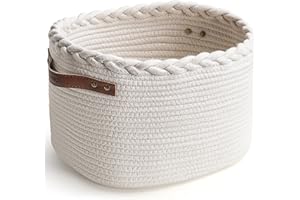 CAFETEE PANIER DE RANGEMENT MODELE BLANC COTON MOTIF TRESSE ET ANSES MARRON RIVETEES HAUTEUR 22CM LONGUEUR 32CM LARGEUR 25CM POUR DRESSING RANGEMENT DECORATION (Blanc)