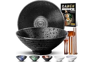 8 Zoll Keramik Ramen Schüssel 2 Set(9-Teilig) - Japanisches Porzellan Geschirr mit Gabel Essstäbchen Löffel und Rezepte Spülmaschinenfest für Nudeln Suppen Getreide Salate Geschenke für neuen Häusern