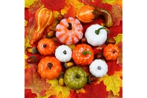 KEYIDO 121 Pcs Artificial Pumpkins Autumn Decoration Fall Pumpkin Decor for Home Halloween Table Harvest Thanksgiving Decorations Wreath Making Supplies with Fake White Pumpkin Mini Pumpkin Acorn Leaves