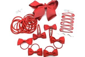 LA PETITE PRINCESSE Red hair accessories 35 Pieces Hair Accessory School Ribbon Style Bow Bobbles Hair Clips Bows and Elastics Bands (Red)