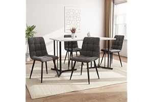 Ctastay Esstisch-Set mit 4 Stühlen 140x80 cm, Modern Essgruppe mit 4 Stühlen aus Samt, Küchen-Esstisch für Zuhause & Familie, Schwarz Metall Tischbeine + 4 Dunkelgrau Stühlen