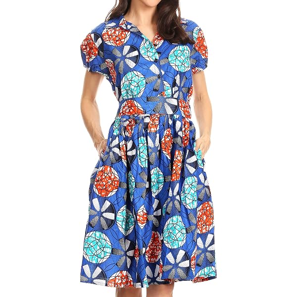 Robe Femme Grace Karin - Coton, Col V, Manches Courtes, 2 Poches, Style Trapèze