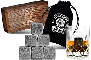 ‎L + H WORLD 6X Kühlsteine für Whisky & Getränke | Universal | inkl. HOLZBOX | Wiederverwendbare Eiswürfel aus Stein | Specksteine für Drinks Getränke Whiskey Whisky Gin UVM. im Set Set