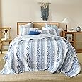 USTIDE Blue Bohemian Quilted Bedspread King Size 3-Piece Ethnic Floral Bedding Set Super Soft Cotton Quilt Coverlets Throw Quilted Comforter with 2 Pillowcases