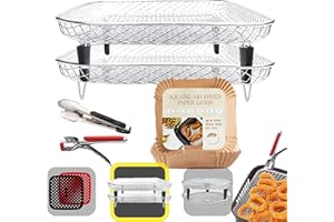 FRYUP® Rejilla Air Fryer Cuadrada [21x21cm] [SuperPack] - Compatible con COSORI [5,5L, 6L, 6,4L]- Rejilla para Freidora de Aire - Accesorios Freidora de Aire Cuadrada Sin Aceite - Pinzas + 50 Papeles