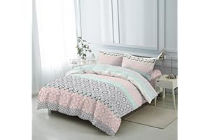 H HANSEL HOME Funda Nordica Cama 135 de 4 Piezas Transpirable Suave al Tacto 100% Microfibra, Funda Edredón 220x220m, Bajera 135x200cm con 2 Fundas de Almohada 50x75cm - Círculos y Rayas Rosas