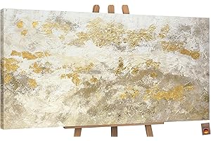 YS-Art Abstrakt Acryl Gemälde auf Leinwand handgemalt mit Blattgold glänzendes Gold Wandbilder Wohnzimmer moderne Wohndekor Bilder Büro echte Kunst 100x50 cm