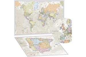 Póster del Mapa Mundi + REGALADO: Un Mapa de España y Portugal | Diseñando Mapas para 50 años | Maps International - Detalles Cartográficos |Colores clásicos