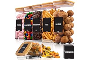 Deco haus® Tarros de Cristal con Tapa hermética, Juego de 6 [+ Etiquetas], Botes Cocina Almacenaje, Tarros Cristal con Tapa de Madera, Frascos de vidrio Apto para Harina, Café, Pasta - 6x1600ml