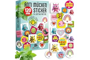 BELWARO OSKAR - 120 Stück lustige Anti-Mücken Sticker für Kinder - Super Soft - 100% natürlicher Mückenschutz dank Citronella+Minze - Must have für Reise+Urlaub, Camping+Wandern, Sport+Freizeit