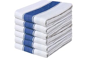 Quick Cleaning Supplies |Pack of 6 Large Honey Comb Weave Tea Towel Set|100% Combed Ring Spun Cotton| Kitchen Dish Cloth| Super Absorbent| Stripe Design Premium Construction|70cm X 45 cm| (Blue)