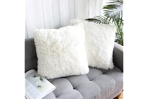 Uhomy 2 Packs White Fluffy Plush Pillow Cover 18"x18", Luxury White Faux Fur Throw Pillow Case Square Cushion Pillow Cover for Sofa Bed,Zippered True White 45x45 cm, Fall Winter Home Decorative