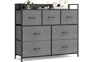 SONGMICS Commode, Armoire, Meuble de Rangement, 7 Tiroirs en Tissu avec Poignées, Cadre en Métal, Style Moderne, Gris Ardoise et Gris Anthracite LTS523G22