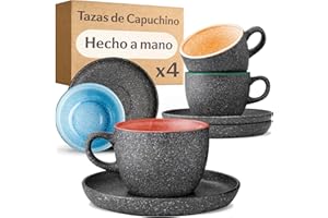 Cosumy Set de 4 Tazas de Capuchino - 200ml en Cerámica con Platillos – Juego de Café Moderno - Gres Grueso con Esmalte Reactivo Hecho a Mano - Mantiene el Calor por Más Tiempo (De color)