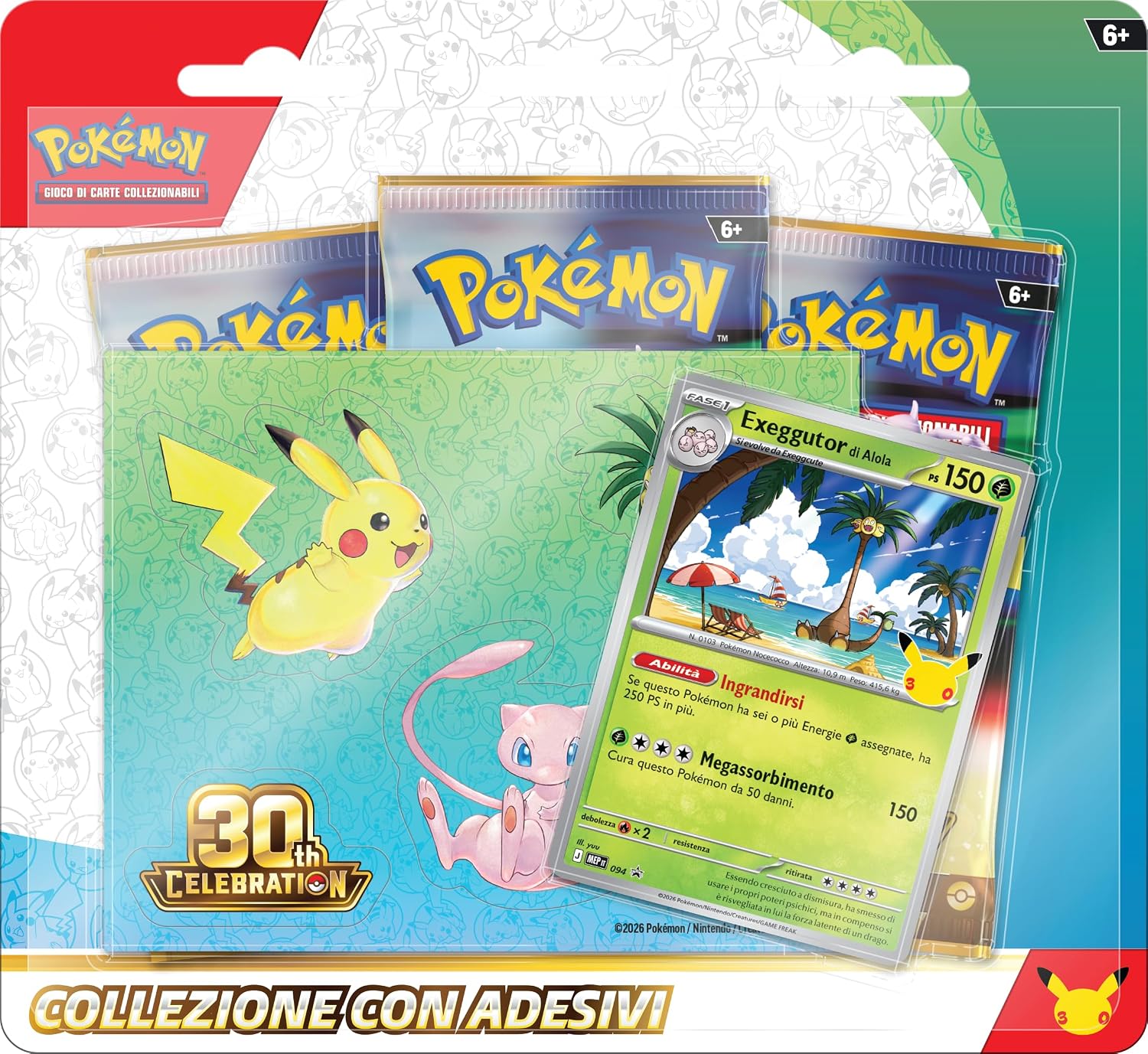 Pokémon: collezione con adesivi (Exeggutor di Alola) dell’espansione 30° Anniversario del GCC Pokémon (1 carta promozionale olografica e 3 buste di espansione), Edizione in Italiano