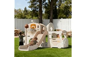 ‎KAKBGEE Kakbgee 8-in-1 Kinder Rutsche, Baby Slide, Mini-Bus, 2m HDPE Kinderrutsche - mit Geländer, Futschfesten Stufen, Tunnel, Stauraum, Gartenrutsche Spielplatz für Drinnen/draußen, ab 6 Monaten, Khaki