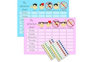 kids2learn Boys Girls Reusable Behaviour Reward Chart & Stickers (TWIN PACK) 1 x Blue & 1 x Pink