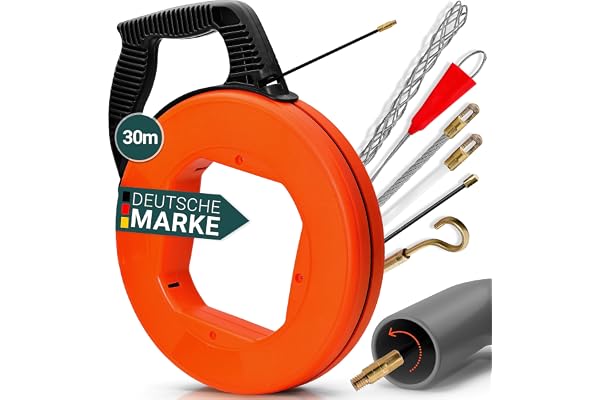 HEIMFELD Indragningshjälp 30 m – högkvalitativ indragningsspiral inkl. 6 adaptrar – dragtråd för tomrör med okrossbar kabel [